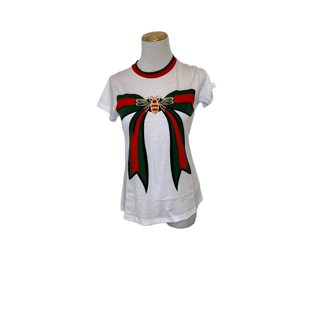 GRAPHIC Bow Print White Women's T-Shirt Sz S NWT